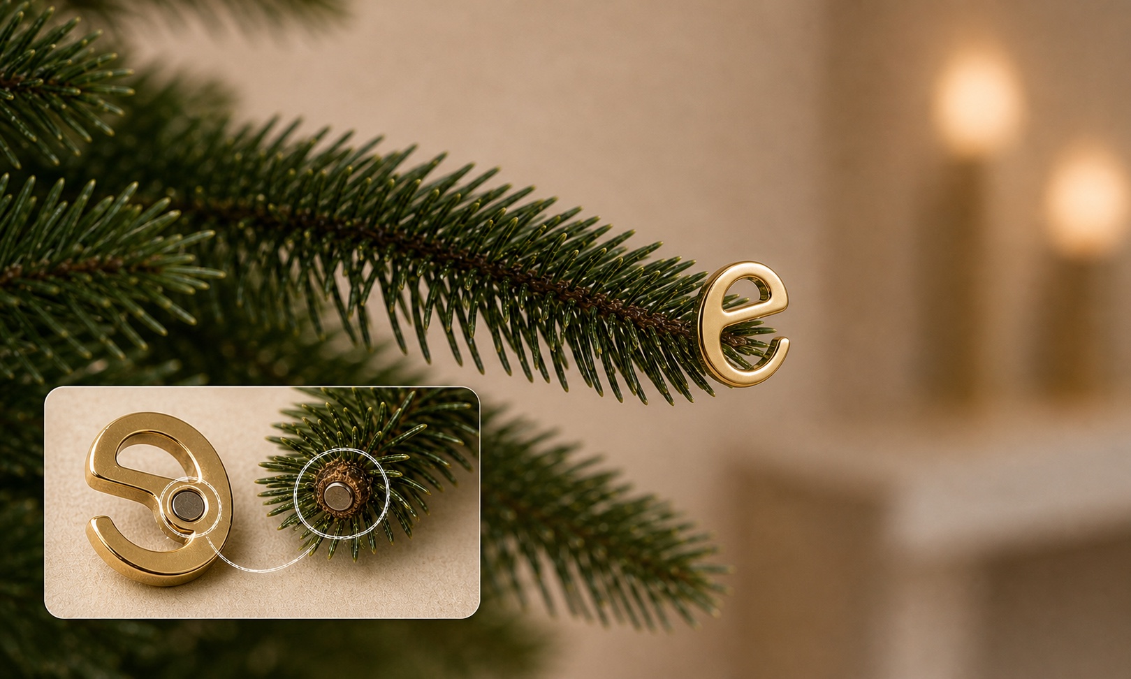 Brass Everley e accent attached magnetically to the end of an evergreen branch